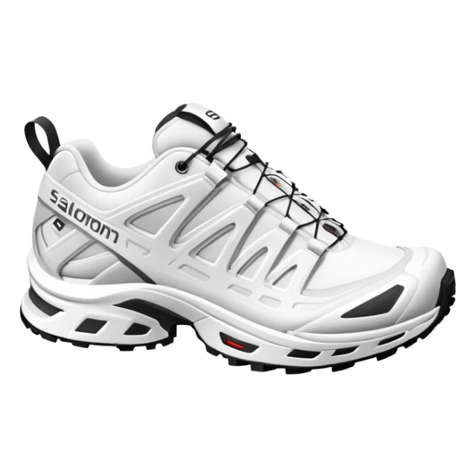 Pure white Salomon XT-6 shoes with zero colored elements, one arranged behind the other, minimal iOS emoji aesthetic, clean white sneakers sticker