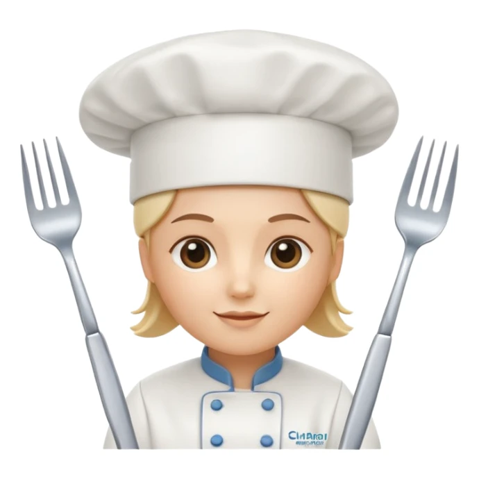 rounded square mobile app logo design, 3d icon of a chef's hat and a fork combined, subtle gradient, minimal soft blue background, flat design, clean, professional food service icon sticker