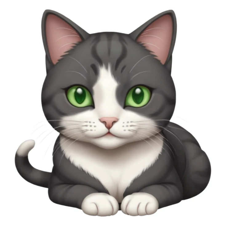 beautiful female solid dark grey cat with green eyes, white toes/paws and white patch on her chest rolling over sticker