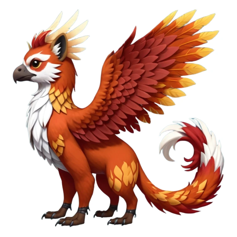 4-legged realistic digitigrade scaly winged long-big-beaked Gryphon-Griffin-Griffsnuff-Talonflame-Silvally-Braviary-Red-Panda-fusion-hybrid-animal-Fakémon-creature, full body, with a long thin tufted lion-tail, long big tufted winged feathery ears sticker