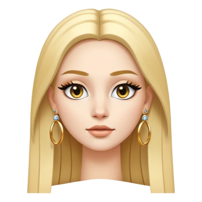 A white skinned girl with a three-dimensional face shape from Europe and America has long, straight golden center part hair Upperhung eyeliner and two earrings sticker