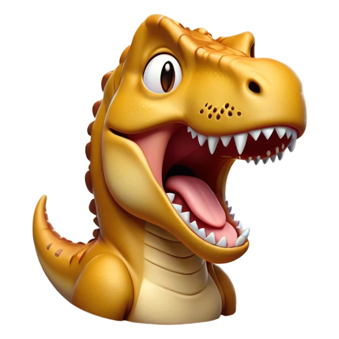 Cinematic Cute Yawning T-rex Portrait Emoji, Head tilted slightly with a dramatic, wide-open yawn, showcasing a robust, muscular form with a slightly open mouth revealing powerful jaws and sleepy, half-closed eyes, Simplified yet irresistibly adorable features, highly detailed, glowing with a soft, cozy prehistoric glow, high shine, relaxed yet expressive, stylized with a hint of whimsical ancient ease, soft glowing outline, capturing the essence of a drowsy yet affectionate T-rex that appears ready to stretch and yawn its way out of the screen! sticker