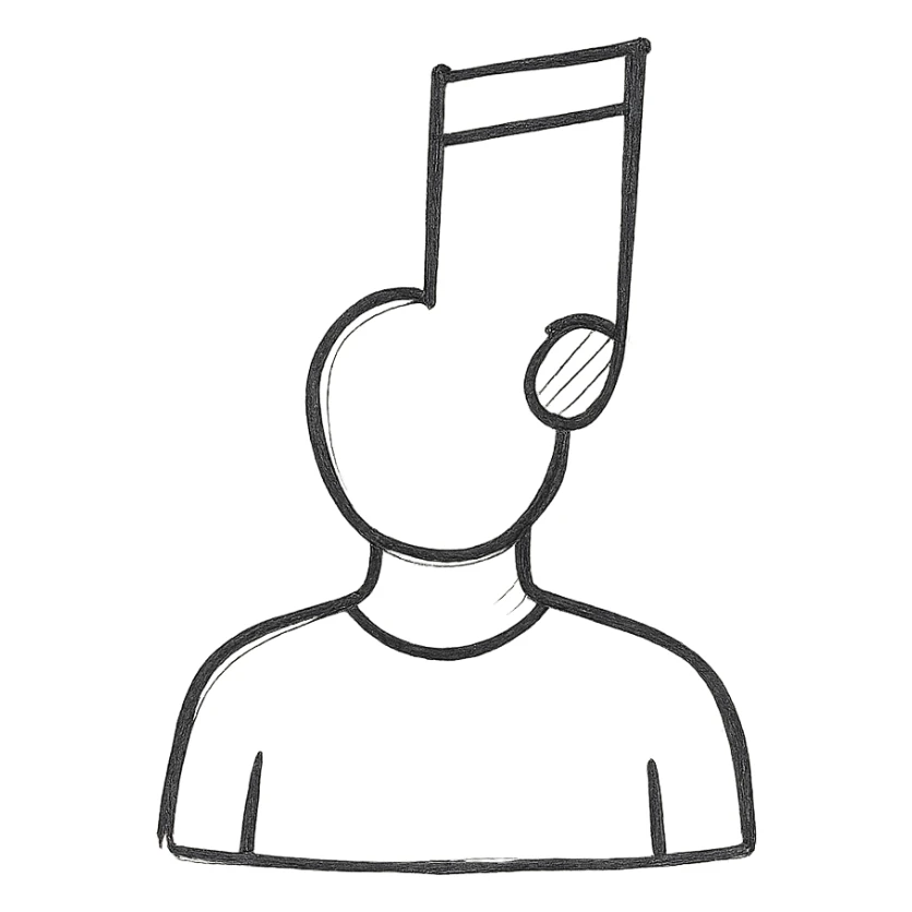 silhouette vector of a man with a music note for a head, hand-drawn outline style sticker