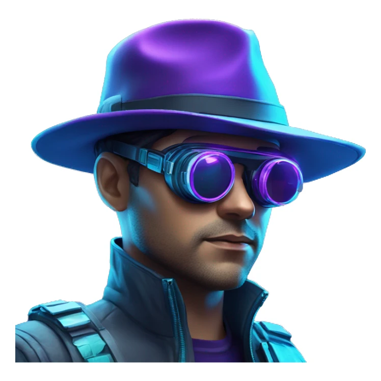 Secret human agent in a hat with  cyberpunk elements in VR googles scanning looking reviewing multicolor lines of code, cyan and purple colors, only upper body portrait sticker