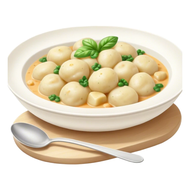 Cinematic Realistic Gnocchi Dish Emoji, showcasing tender potato dumplings in a light sauce rendered with soft textures and inviting, natural lighting. sticker
