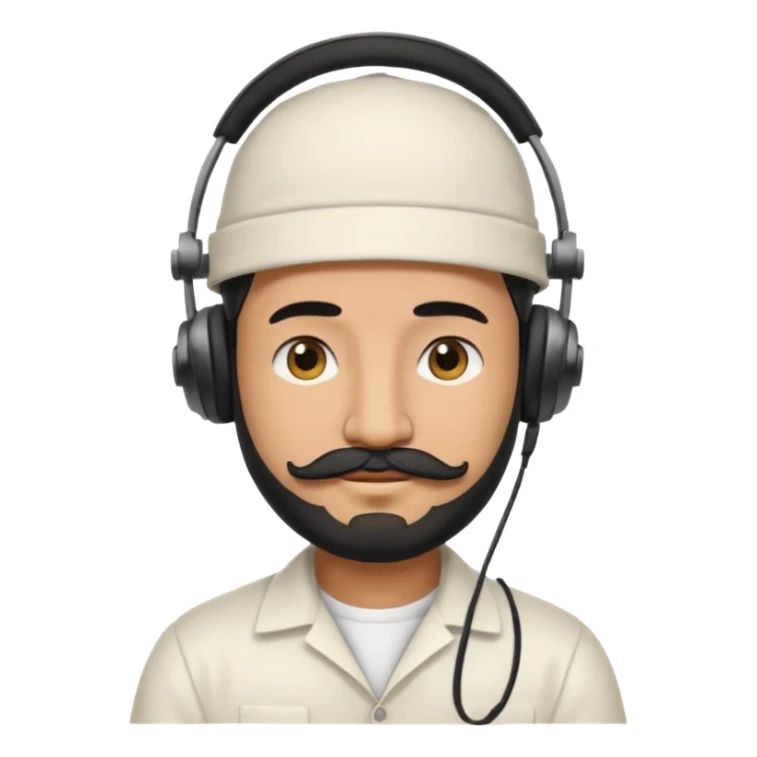 Half body man wearing white topi, lapray, black beard and moustache, headphones, eyes closed, realistic emoji style. sticker