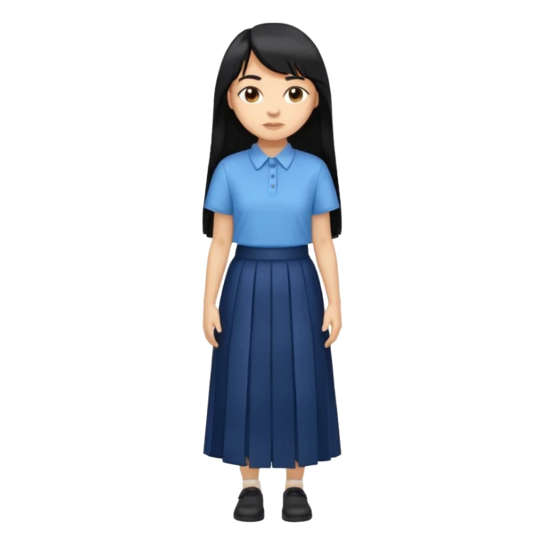 hair : black long hair with fringe 
skin : light 
cloth : oversize light blue shirt + navy long long skirt 
 sticker