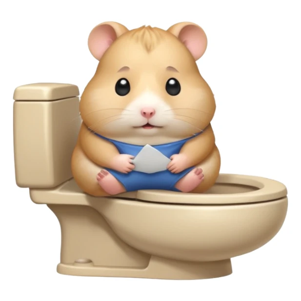 Cute chubby cartoon-style hamster sitting on toilet looking as if he had an accident, sticker-style illustration sticker