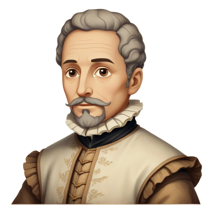 Cinematic Realistic Miguel de Cervantes Portrait Emoji, depicted as a wise thoughtful literary figure in period attire with a reflective gaze, rendered with detailed textures and soft historical lighting that captures his enduring literary legacy. sticker