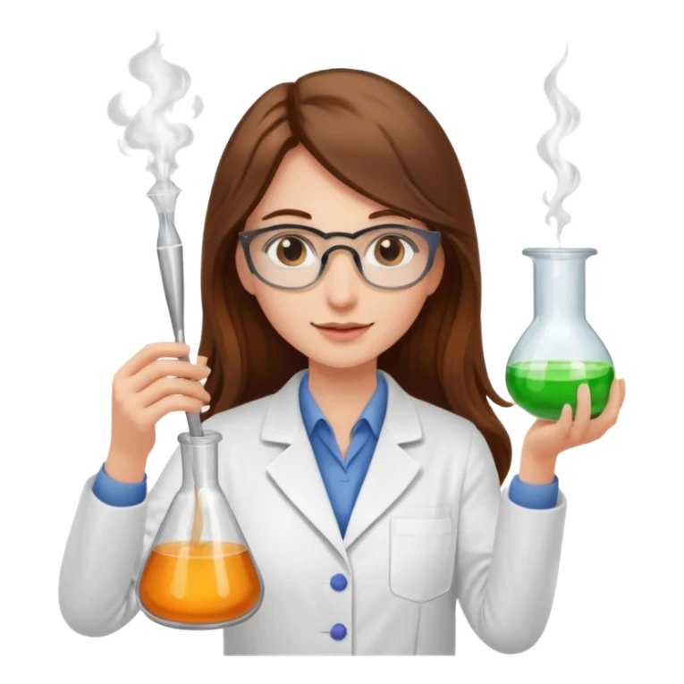 Crie emojis de uma mulher de cabelos longos castanhos farmacêutica mexendo com becker e com faiscas sticker