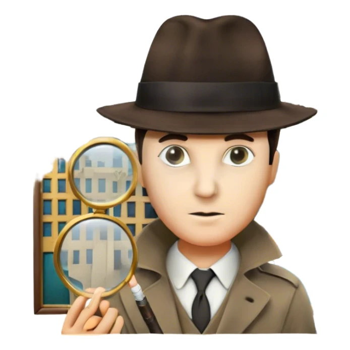 A colorful collage featuring iconic detective elements—magnifying glass, a fedora hat, a cigarette, a shadowy figure, and a mysterious city backdrop, a board with photos of suspects. Include subtle clues like fingerprints or a crime scene. Retro movie poster style. Transparent background. sticker