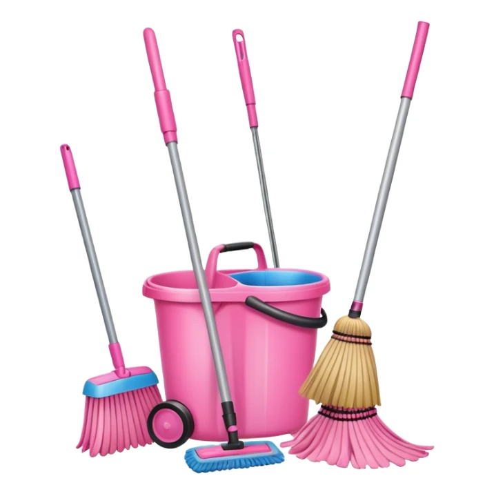 Cleaning supplies pink sprays bottles mop broom sticker