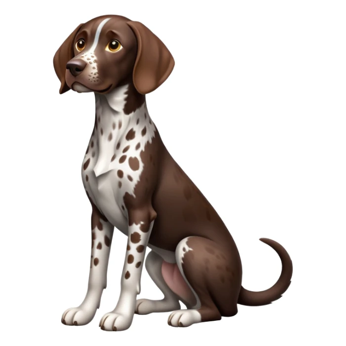 cinematic-[german pointer]-realistic-full-body-sitting-emoji,-tail-resting-loosely-beside-its-paws,-head-tilted-dramatically,-sleek-[brown and white spotten]-fur,-simplified-yet-realistic-focused-features,-highly-detailed,-glowing-with-an-almost-sarcastic-glow sticker