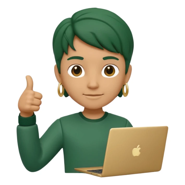 3D clay character standing confident, laptop under arm, thumbs up, deep green (#0B3D2C), cream laptop, gold accents, cute rounded, transparent background sticker