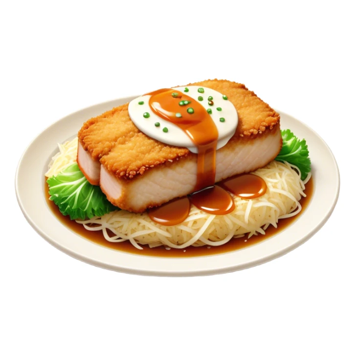 Cinematic Realistic Tonkatsu Dish Emoji, featuring a golden, breaded pork cutlet served with shredded cabbage rendered with rich textures and vibrant, dynamic lighting. sticker