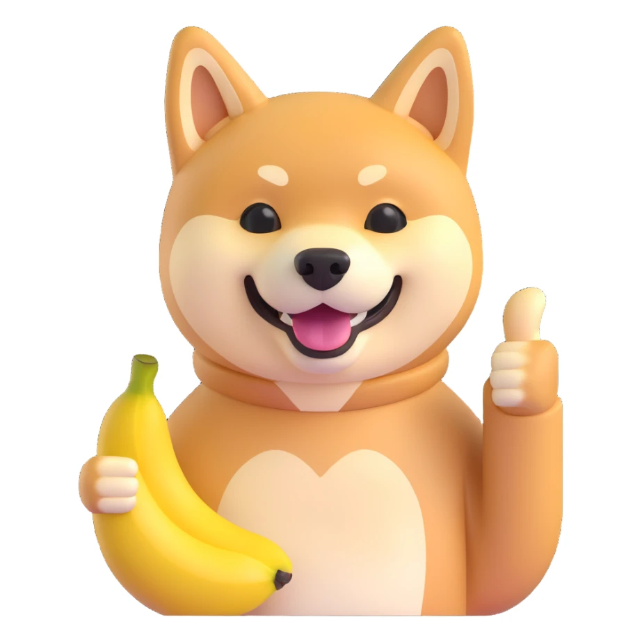 shiba inu showing thumb up and having banana sticker