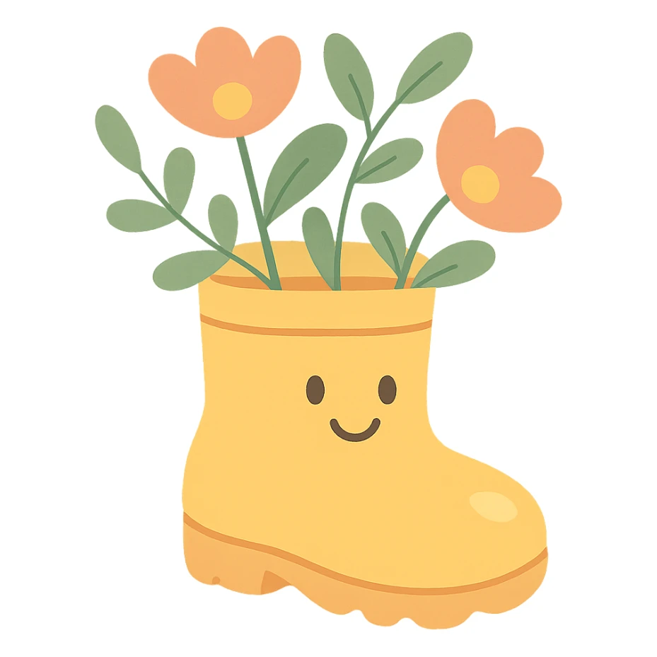 rain boot with plants growing out, gentle earthy tones, soft pastel colors, pastel-toon style sticker