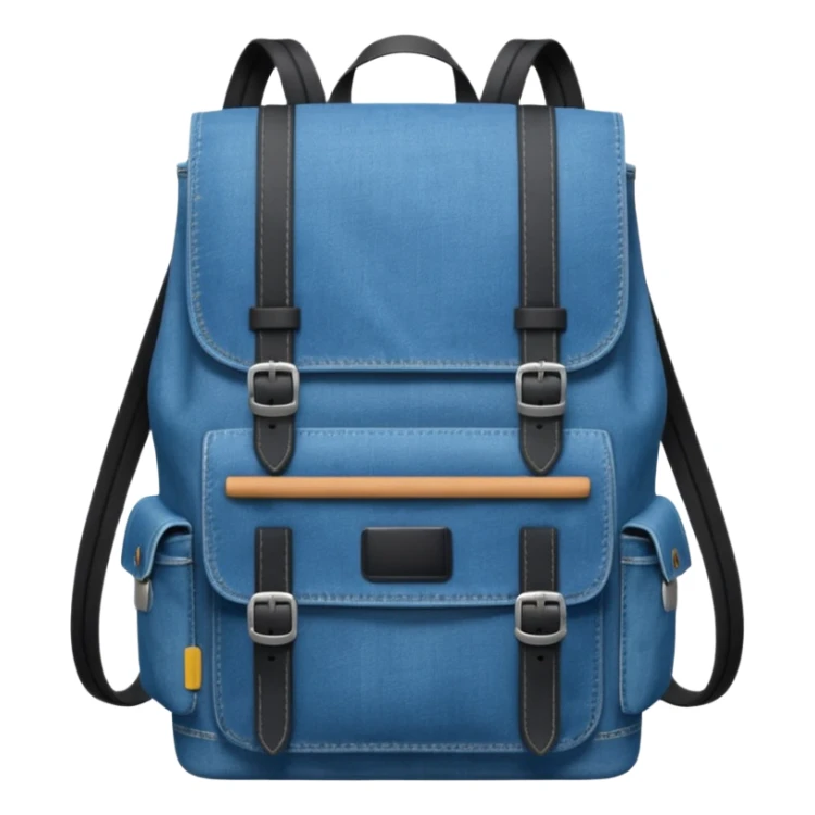 a blue denim backpack with a flap top, two vertical *black buckle straps* on the front. The backpack has two side pockets and a soft square shape. 

 sticker