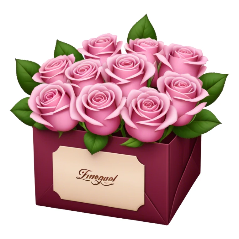 Light pink roses in a burgundy package sticker