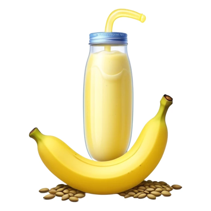 Ethereal glowing banana with celestial protein shake bottle emitting sparkles and magical floating sunflower seeds with starry aura sticker