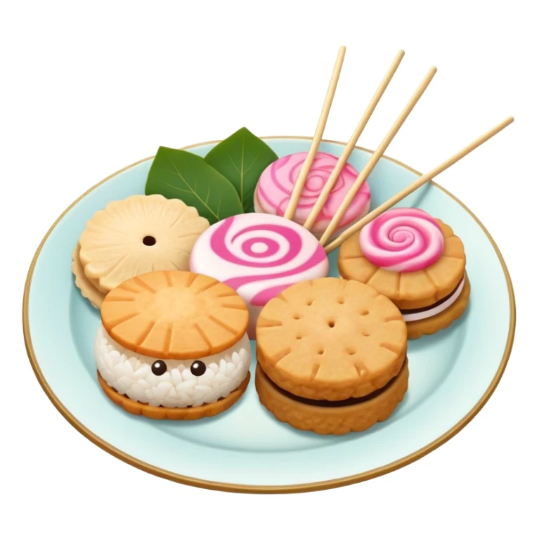A combination of fish cake with pink swirl (narutomaki), rice cracker (senbei), and dango on a stick arranged together as a Japanese food plate sticker