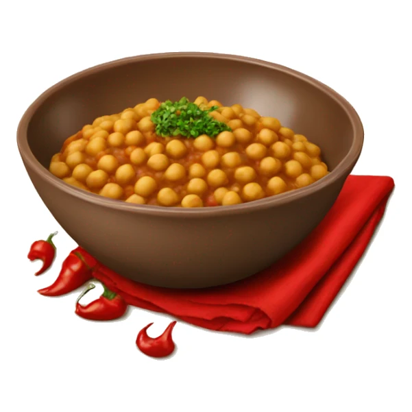 large brown bowl with chickpea chole bhature and red pepper sticker