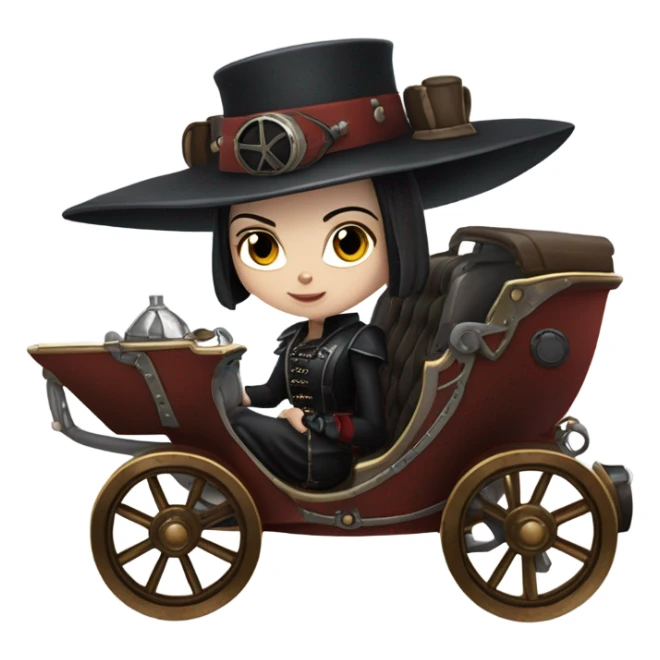 Wednesday Addams Jedi bounty hunter sitting in a modern blue,red and pewter steampunk electric luxury carriage  sticker