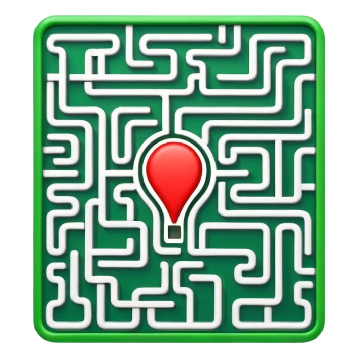 Create a realistic emoji of a maze with different patterns in red which show the wrong way and one way which shows the right way across the maze in green. The maze looks like its programmed with some electric, electronic features sticker