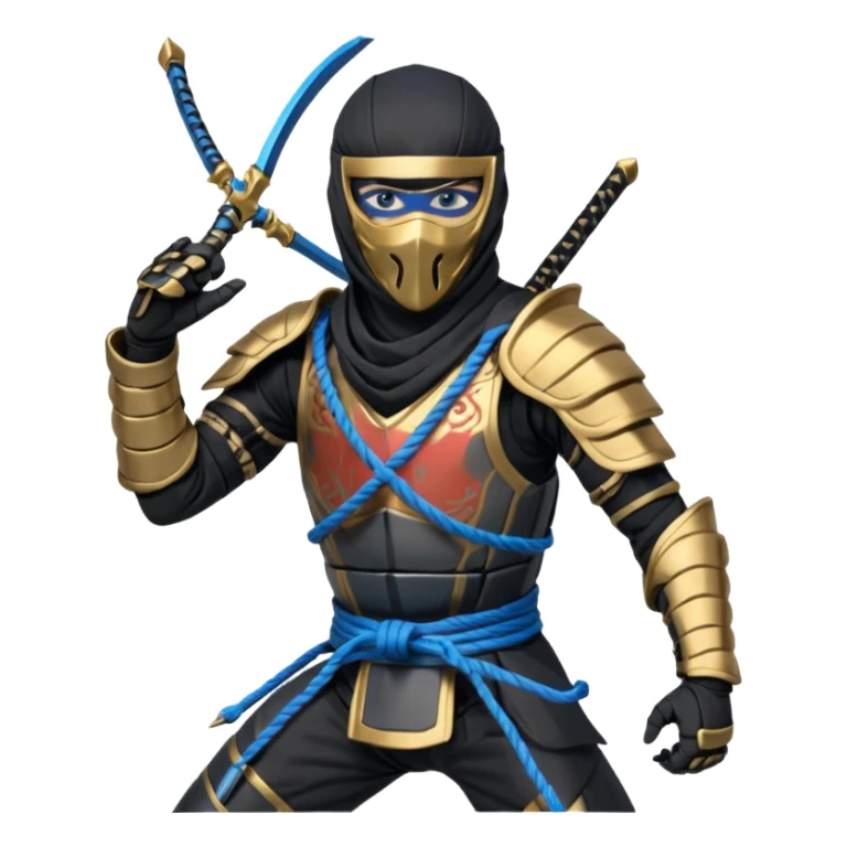CHAINSTRIKE (Team Leader): Black-and-charcoal ninja armor, subtle metallic lines. Half-mask with glowing blue eyes that turn gold in combat. Shape-shifting rope dart—blue idle, gold in use. Silent, controlled, always one step ahead. Low, balanced stance with rope dart coiled around his arm. sticker