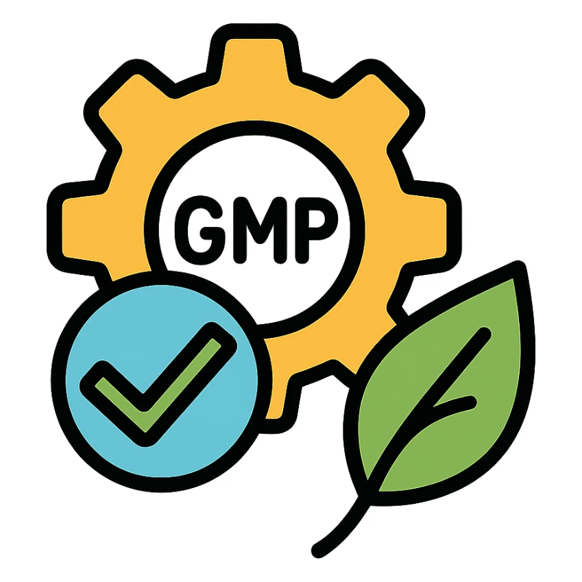 Good Manufacturing Practices icon for supplements, with a gear, checkmark, and leaf, symbolizing quality and safety, simple and bold sticker