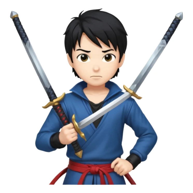 Create me an anime character boy emoji looking very cool with swords on his hand sticker