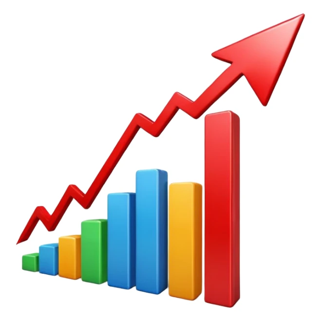 iOS-style 3D emoji: rising red chart with an upward-pointing arrow sticker