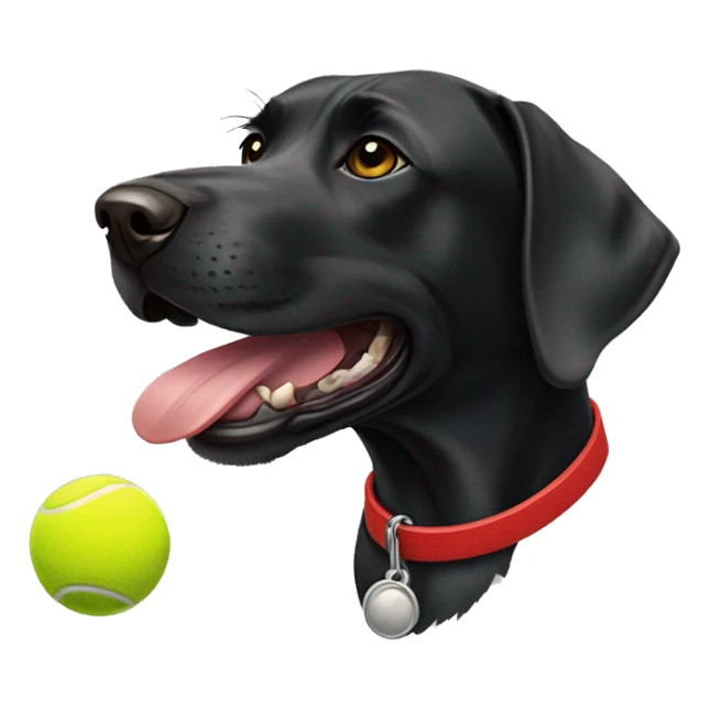 A black Labrador x pointer dog with a red collar on, and a tennis ball in its mouth sticker