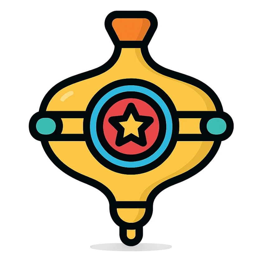 vector icon of a gold spinning top with colorful elements, elegant and minimalist flat design, award badge style, 2D flat vector, trending icon look, soft shadows, no text, isolated on white background, commercial use sticker