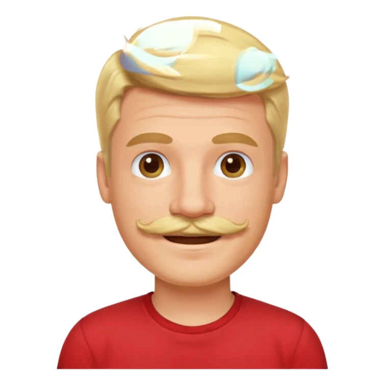 blond hair man smile warmly with mustache red shirt sticker