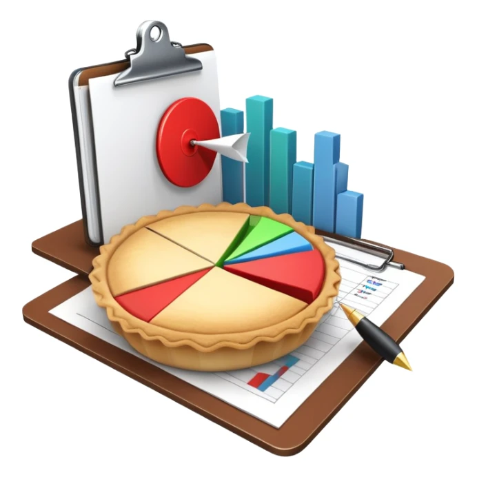 An icon featuring a pie chart, a clipboard with a checklist, and a megaphone, symbolizing management and marketing. The design includes upward-trending graphs and a target with an arrow, representing strategy and success. Transparent background highlights business organization and promotion. sticker