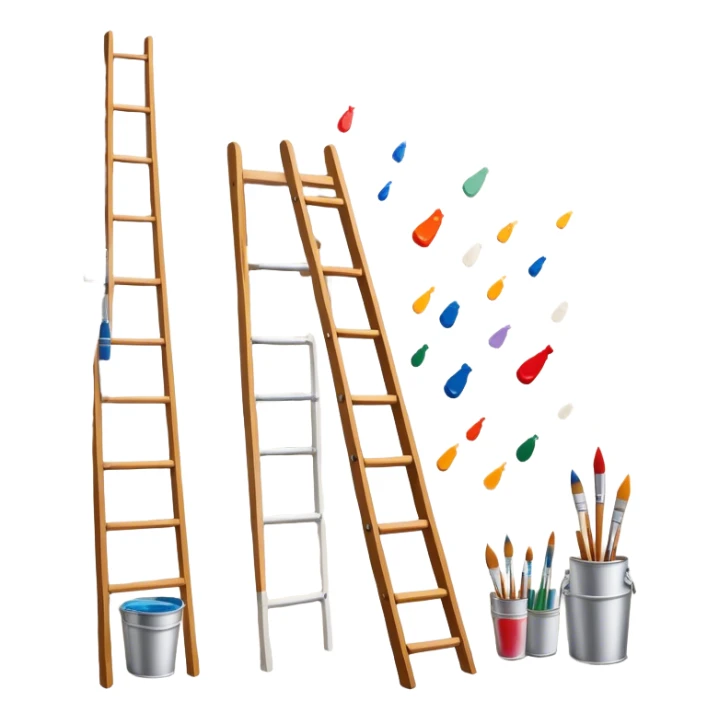 Wall painting icon, hand-painted mural on a wall, visible paintbrushes, paint pots, and ladder, intricate patterns or designs in progress, minimalistic style, clean lines, transparent background. sticker