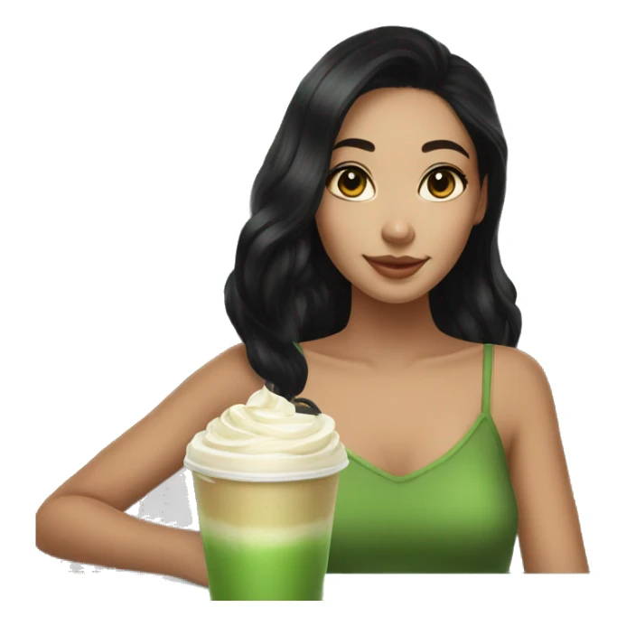 Girl with black hair with matcha latte in hands sticker