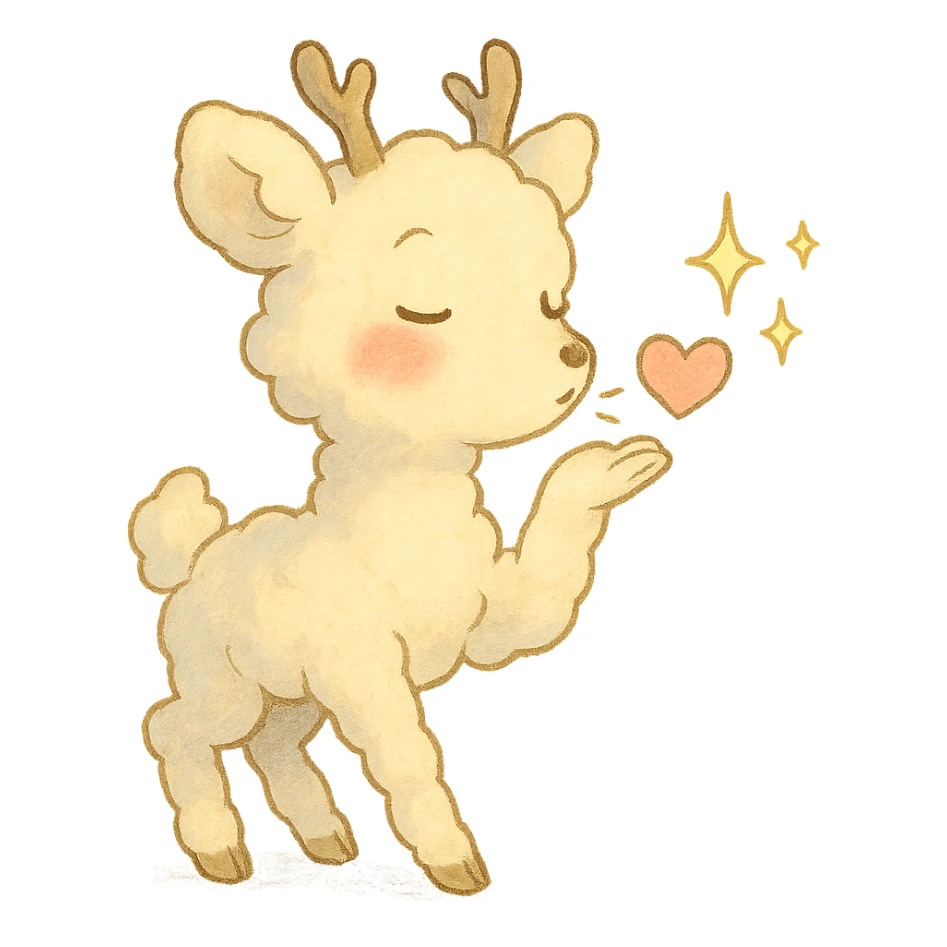 Ghibli-inspired vanilla cloud doe, blowing a kiss with sparkles and rosy cheeks, soft and dreamy sticker
