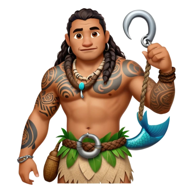 Maui character from Moana with tattoos and large fishhook sticker