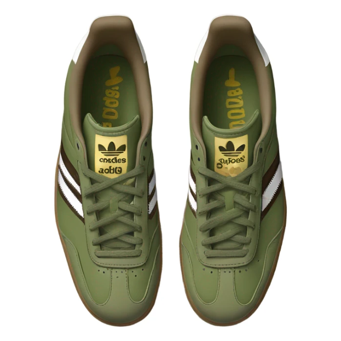 two khaki green adidas samba with a brown flat sole sticker