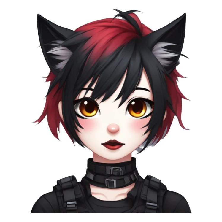 Gorgeous gothic dark techwear anime style anthro cat furry with blushing face aesthetic and pretty edgy black red punk messy ponytail hair with collar and harness trending style sticker