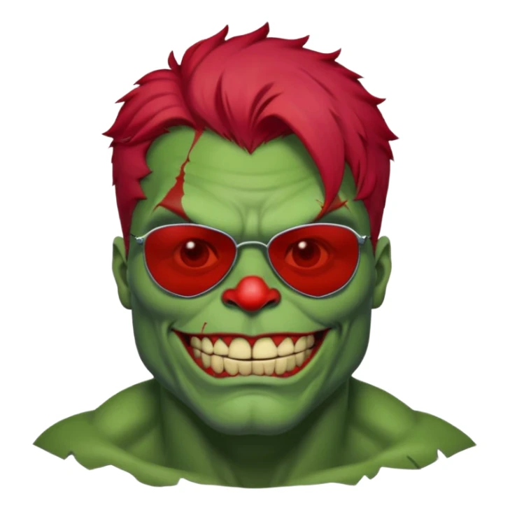 Zombie hulk with sun glasses and red hair and joker nose sticker