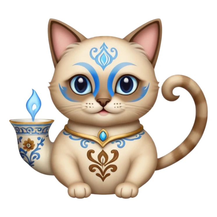 Happy Siamese cat holding an ornate tea cup between its front two paws sticker