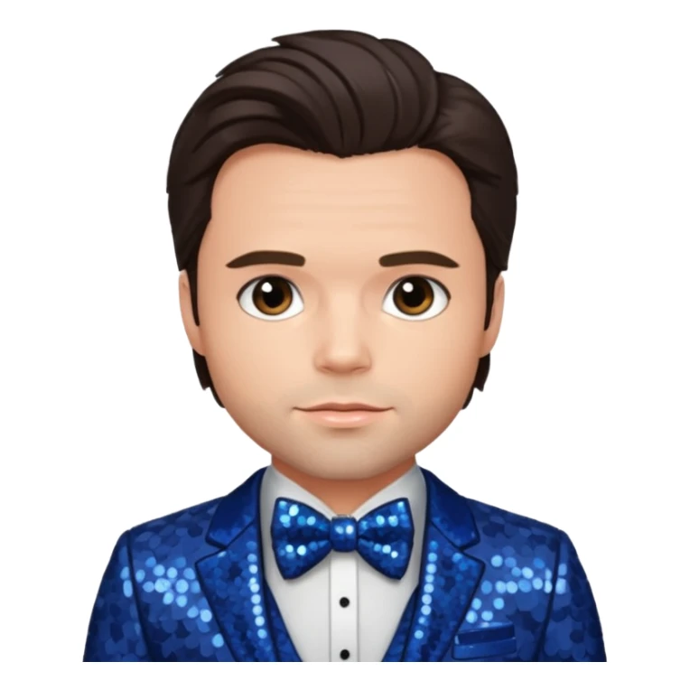 Sebastian Stan with dark brown hair, indigo sequin suit with bow tie sticker