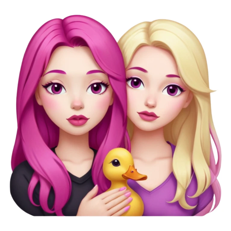 gorgeous pale girl with long magenta pink hair latina makeup next to a gorgeous girl with blonde hair eyes closed making a duck lips face and a light pink heart above them  sticker