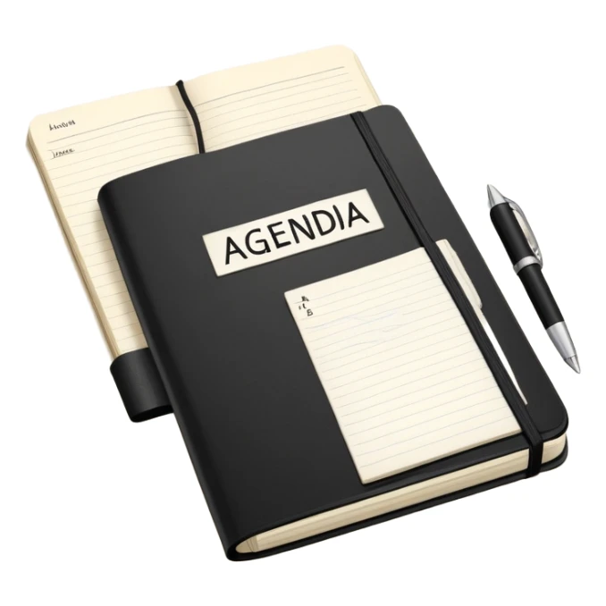 A classic black Moleskine notebook open to show a page with 'AGENDA' written at the top and meeting items listed below with bullet points sticker