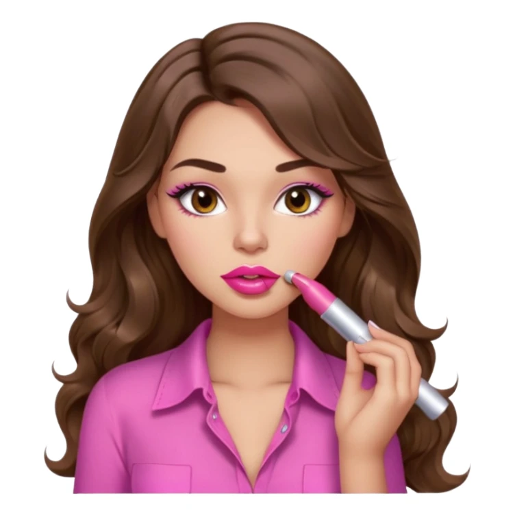 girl with long wavy brown hair, brown eyes, light to medium complexion, in a pink sexy shirt, pink lips, long lashes, puckered lips, putting on lipstick sticker