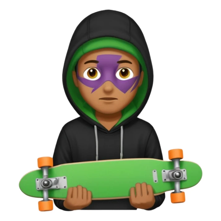 Un hombre sorteando con camisa negra y tabla verde y encapuchado sticker