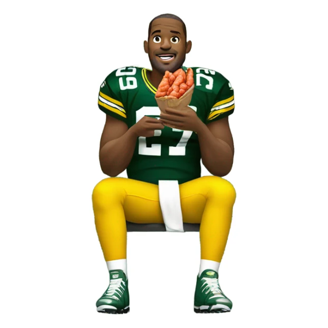Green Bay Packer football player eating crawfish while sitting on a Christmas tree sticker